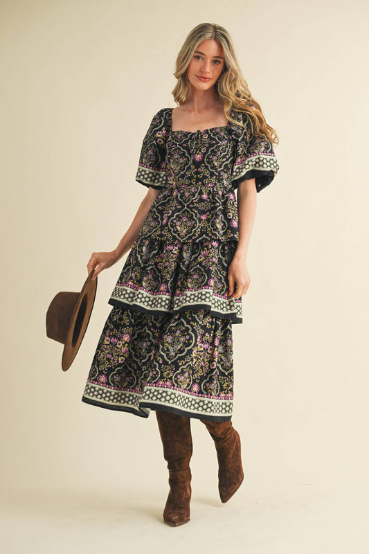 Rental- Border Print Sweetheart Neck Tiered Midi Dress