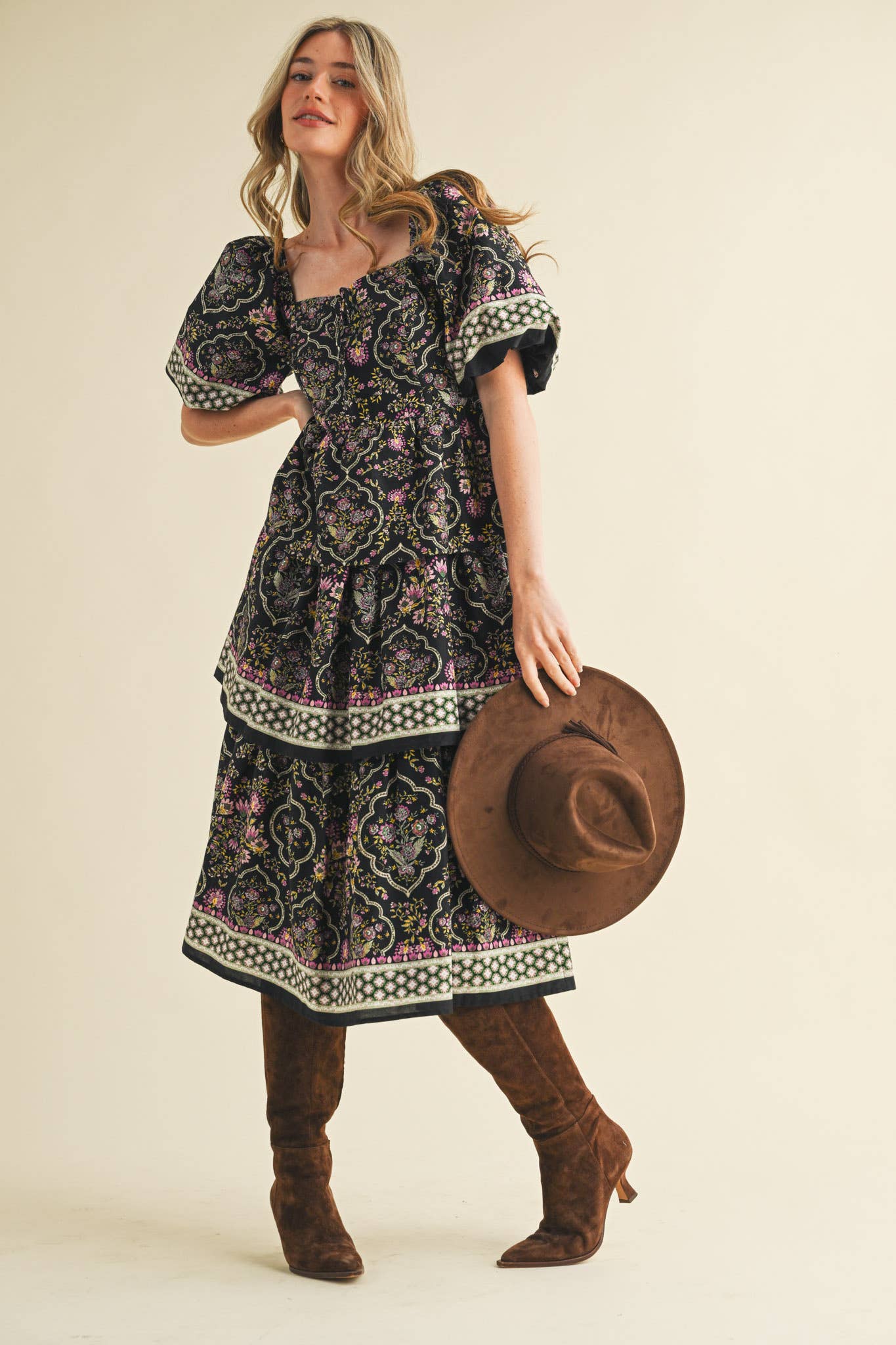 Rental- Border Print Sweetheart Neck Tiered Midi Dress