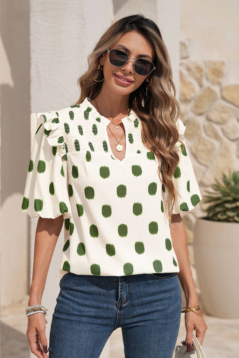 Polka Dot Print Ruffled Shirred Top