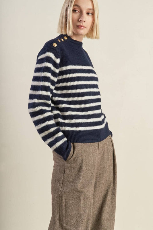 Button Shoulder Striped Sweater