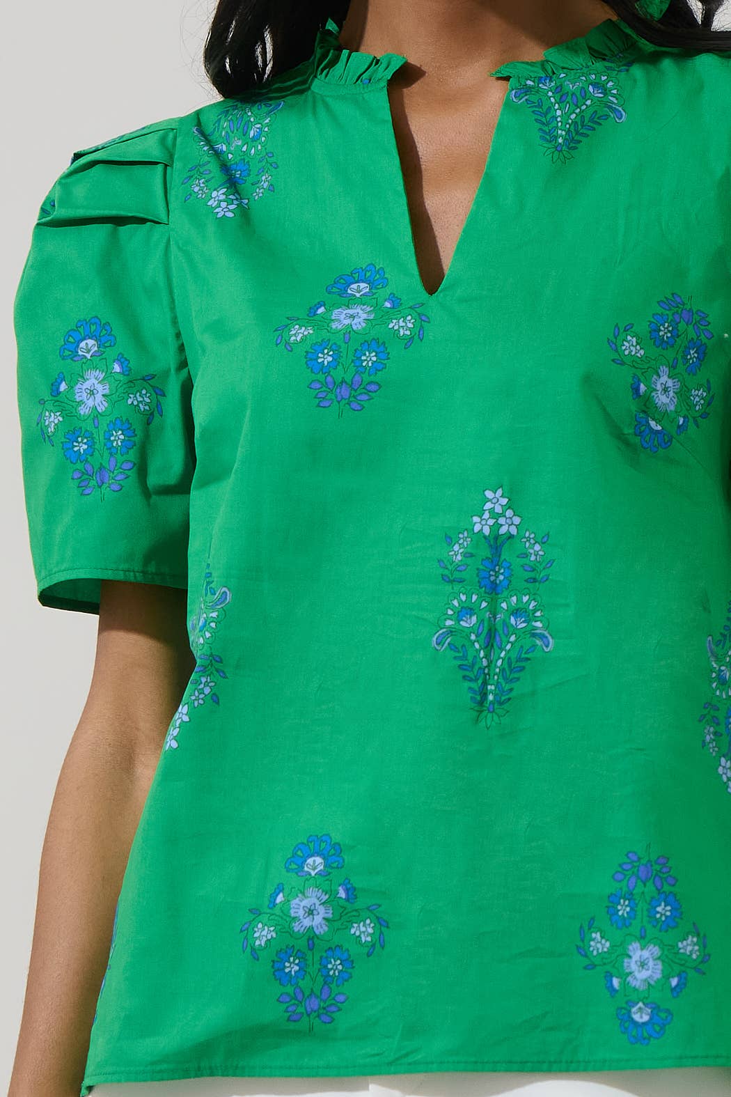 Pleated Shoulder Ruffle Neck Top