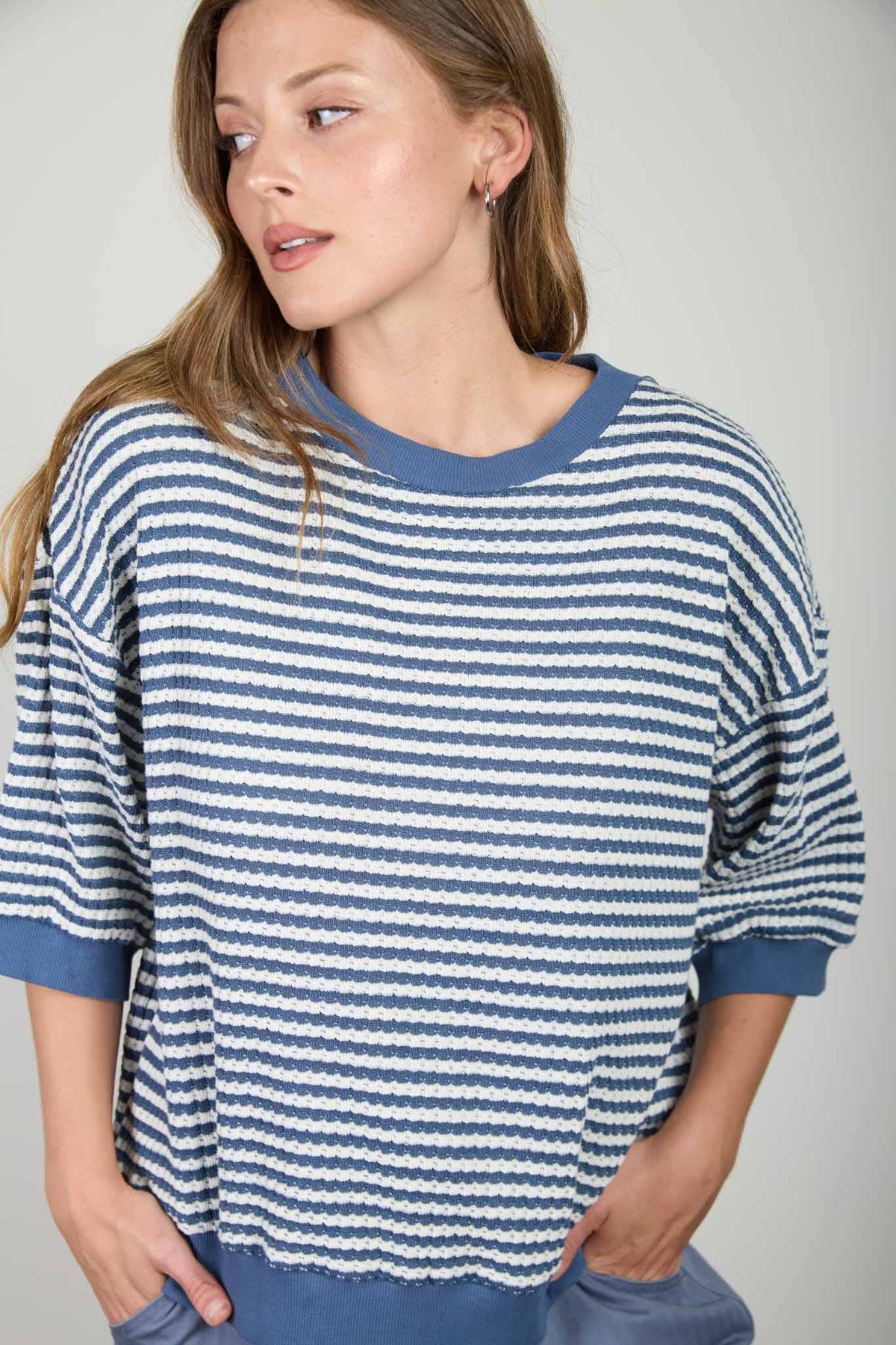 Textured Striped 3/4 Sleeve Knit Top