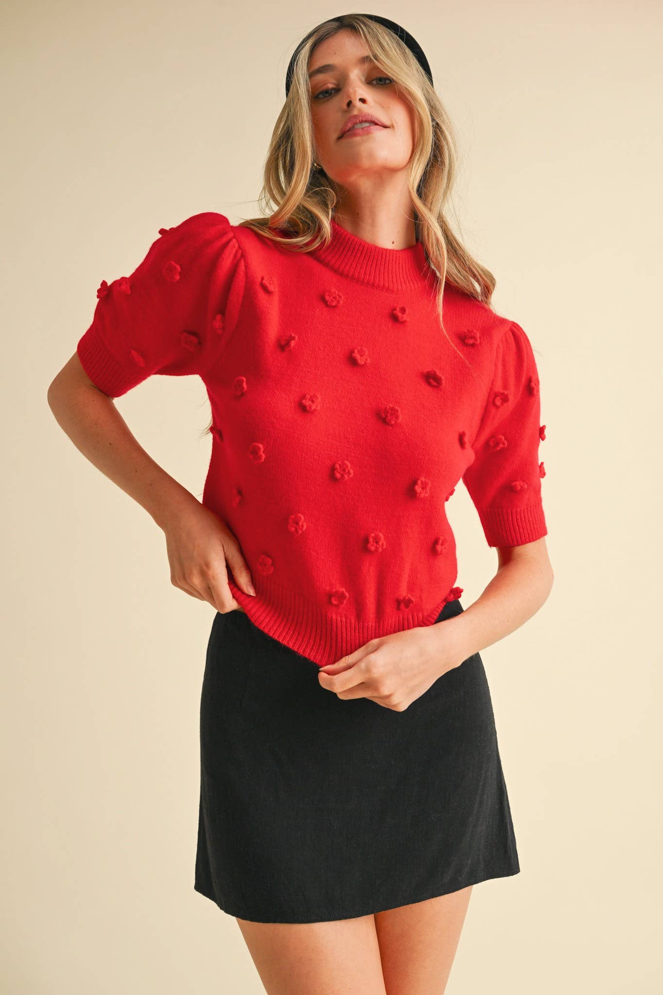 Raised Floral Short Sleeve Sweater