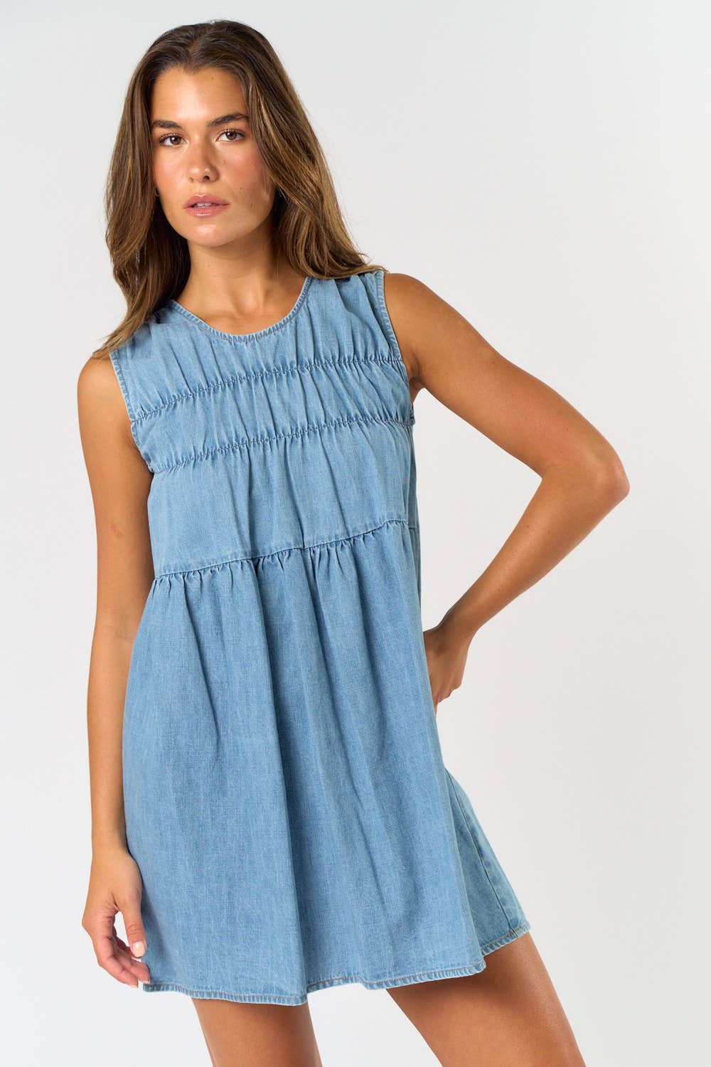Sleeveless Ruched Denim Mini Dress