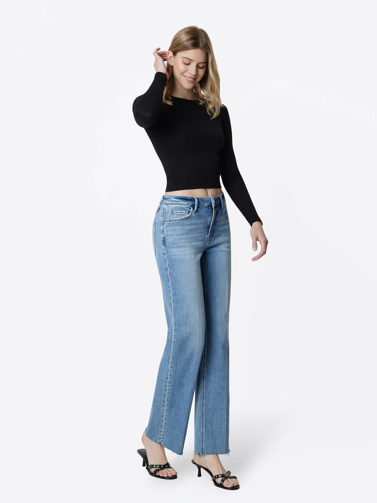 High Rise Raw Hem Slim Wide Jeans