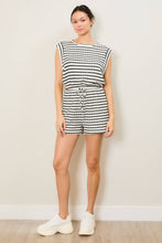 Load image into Gallery viewer, Striped Puckered Muscle Sleeve Romper
