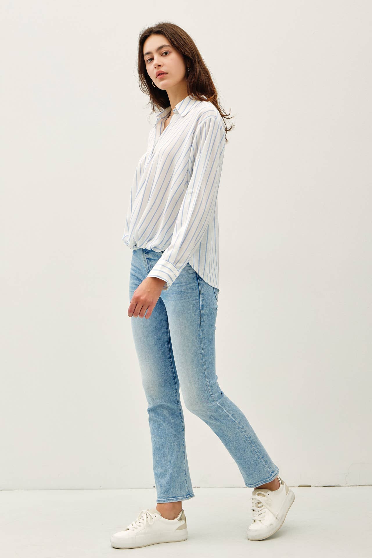 Long Sleeve Button Down Twist Bottom Shirt