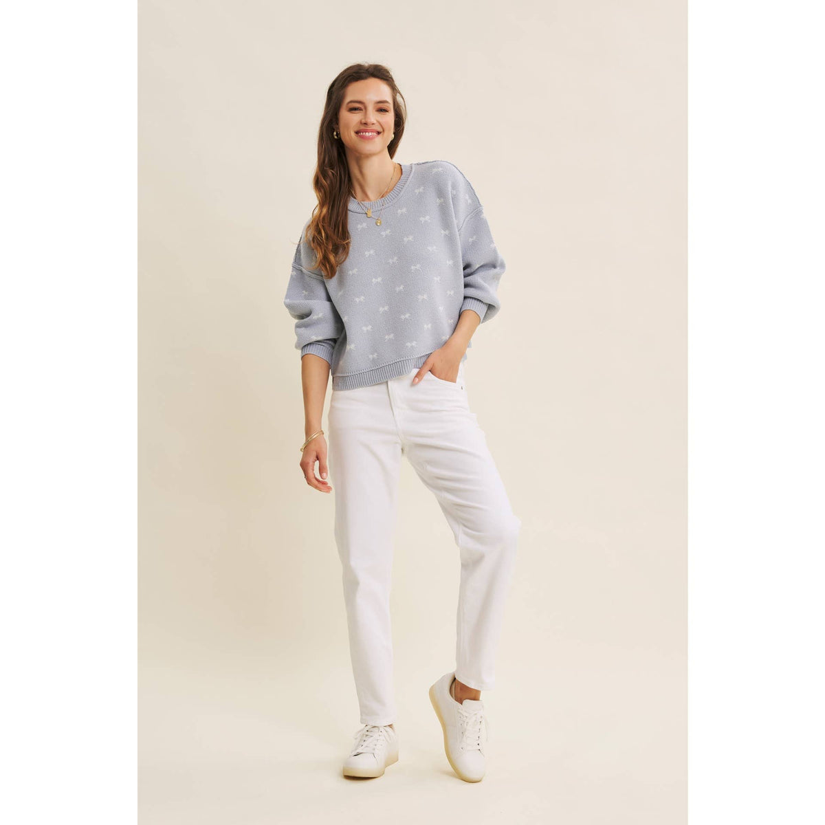 Bow Pattern Balloon Sleeve Sweater