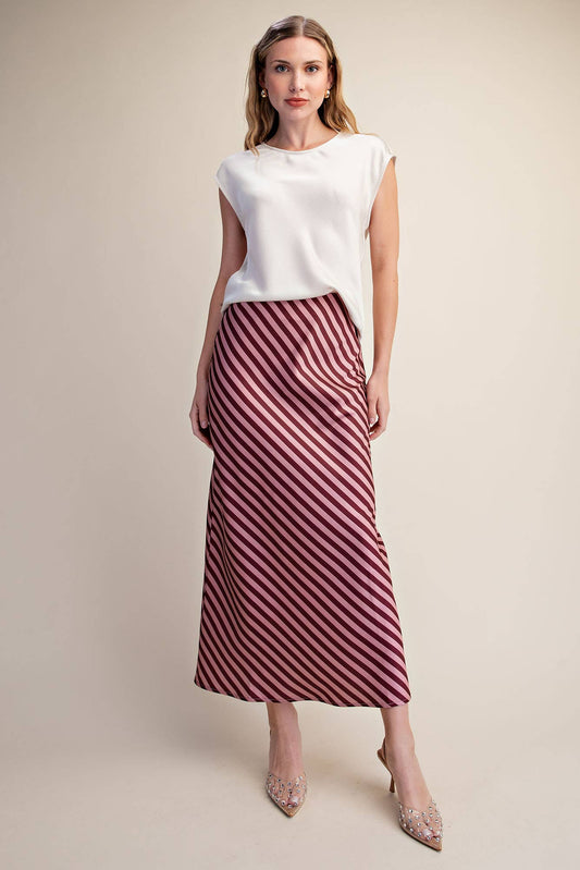 Diagonal Striped Satin Midi Skirt