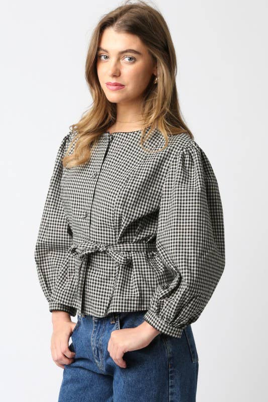 Checkered Button Front Tie Waist Top