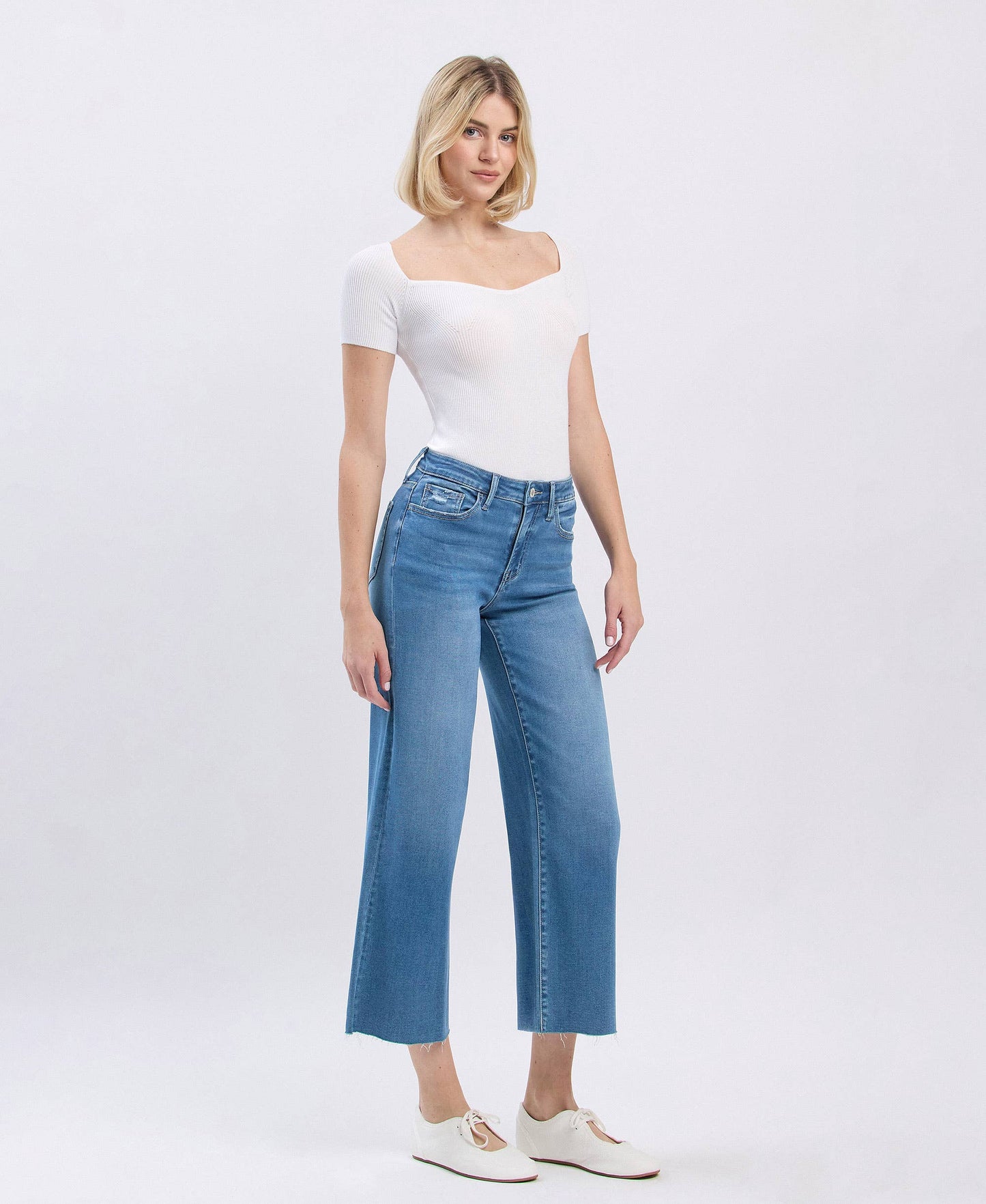 High Rise Raw Hem Cropped Wide Jeans