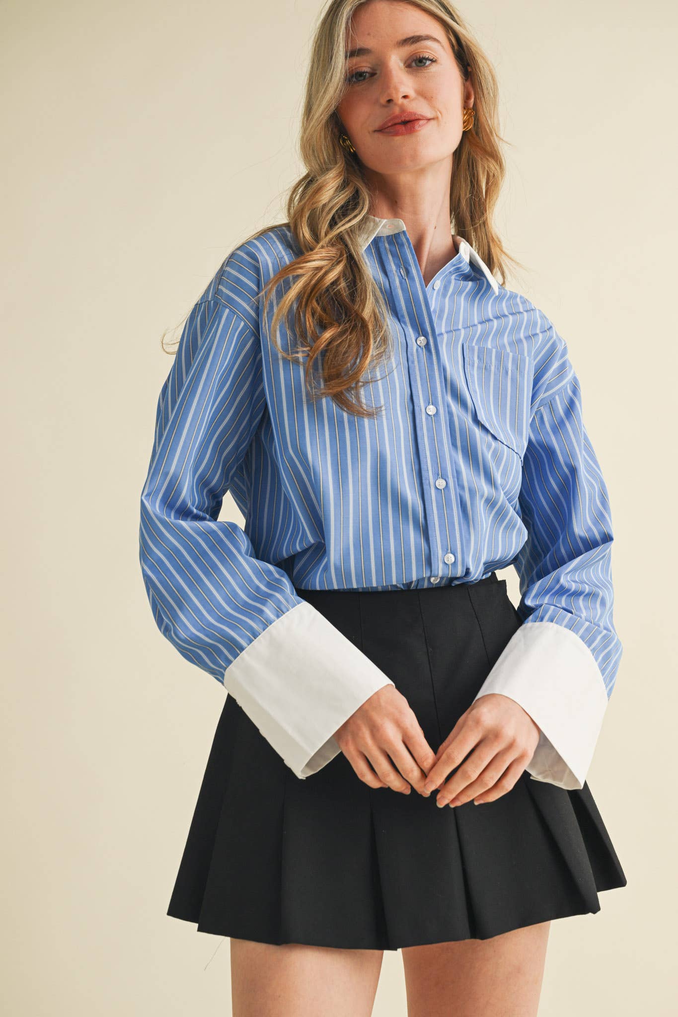 Striped Wide Cuff Button Down Shirt