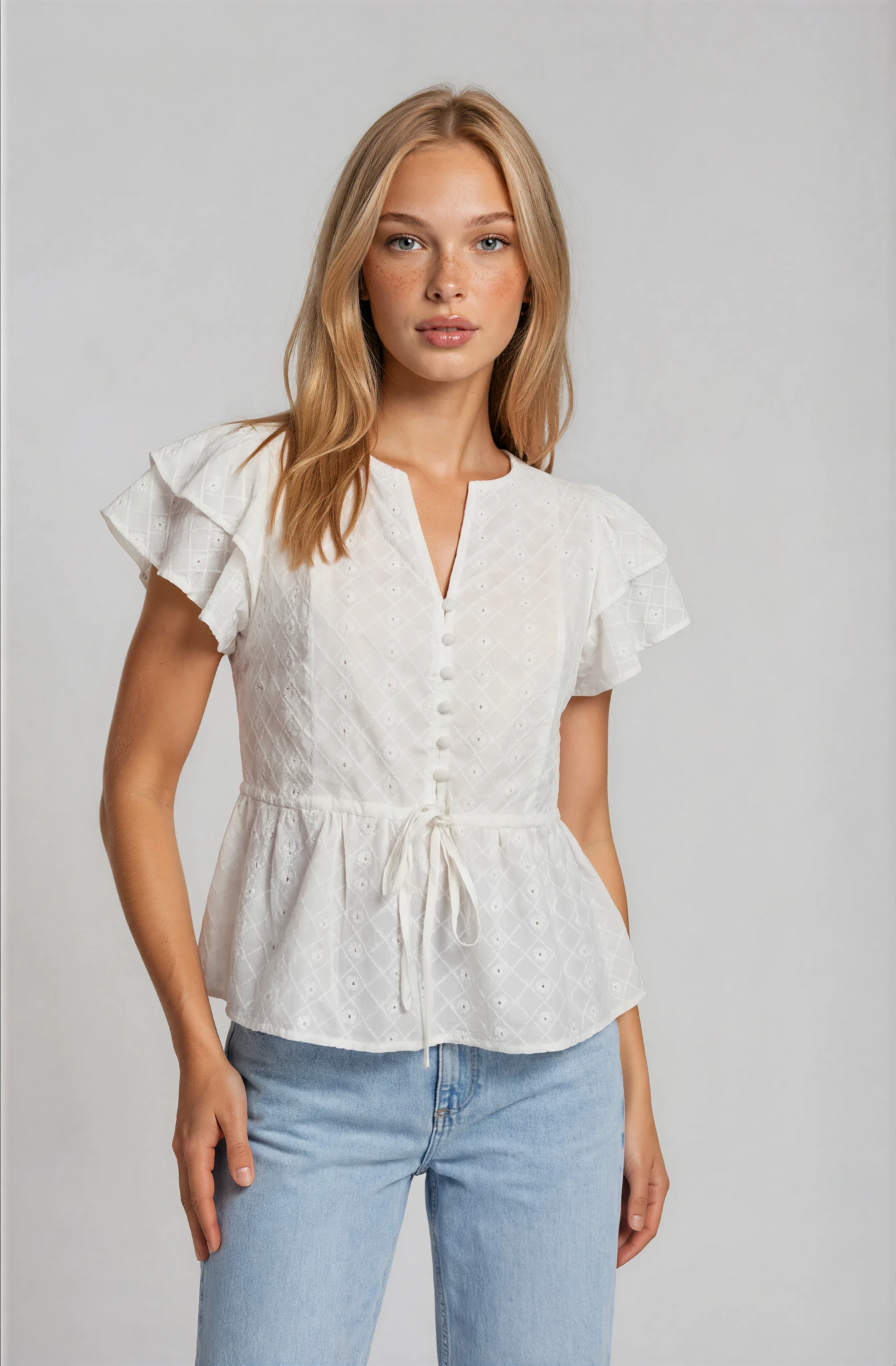 Eyelet Double Sleeve Tie Waist Top