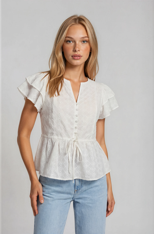 Eyelet Double Sleeve Tie Waist Top