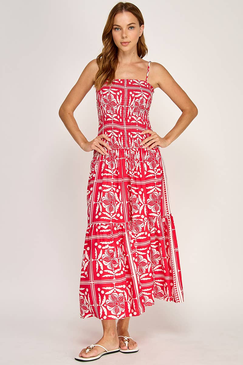 Tropical Smocked Bodice Midi Dress