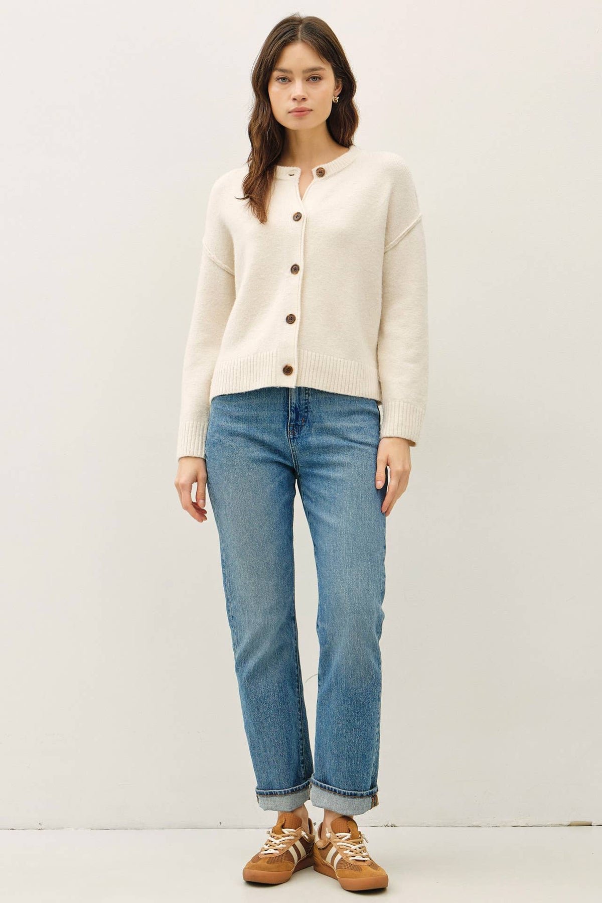 Exposed Seam Crew Neck Button Front Cardigan