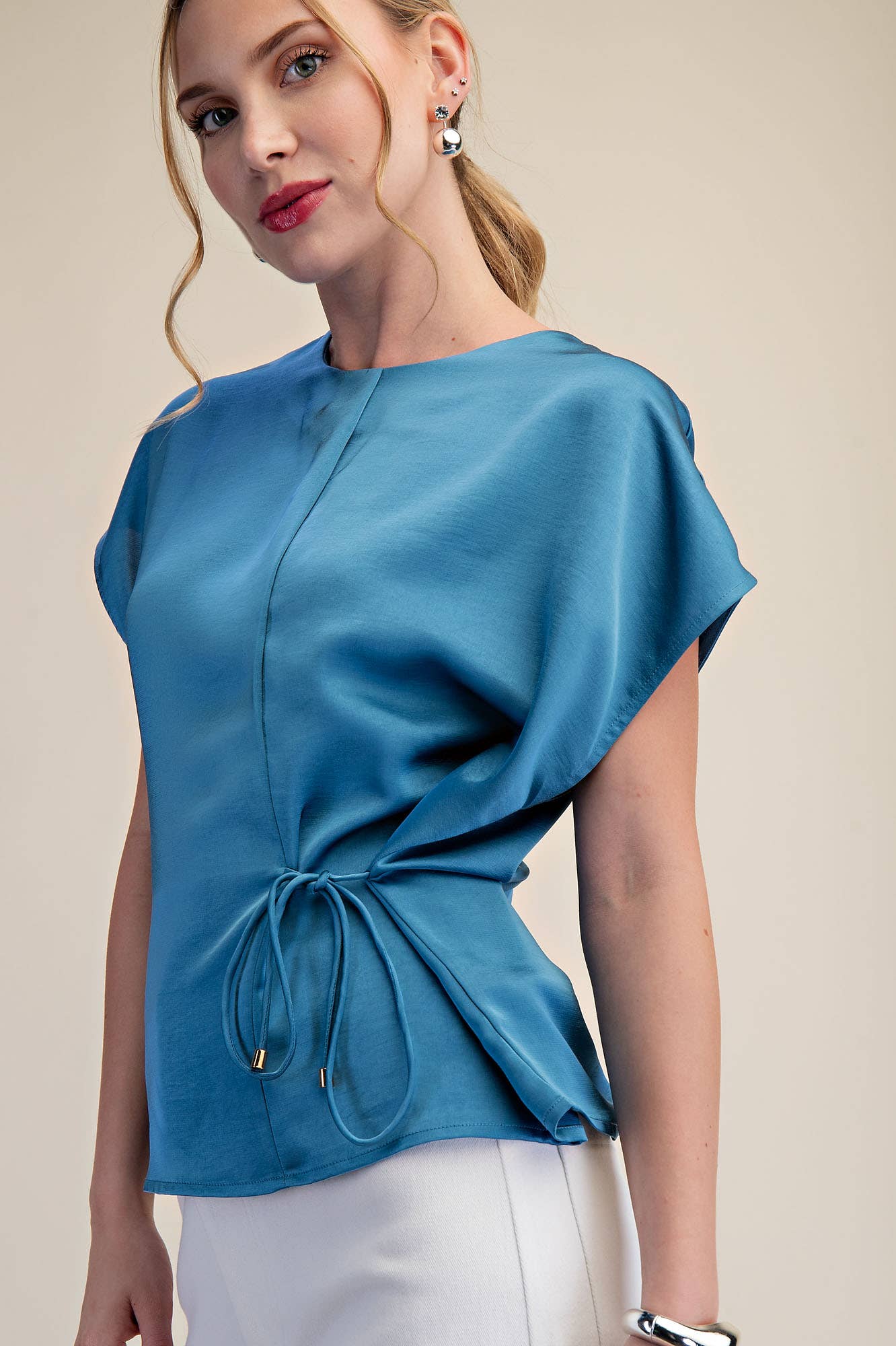 Silky Short Sleeve Front Lace-Up Tie Top