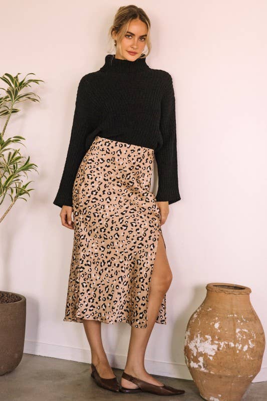 Leopard Satin Midi Skirt