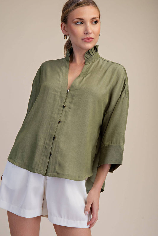 Ruffle V-neck Wide Short Sleeve Shirt