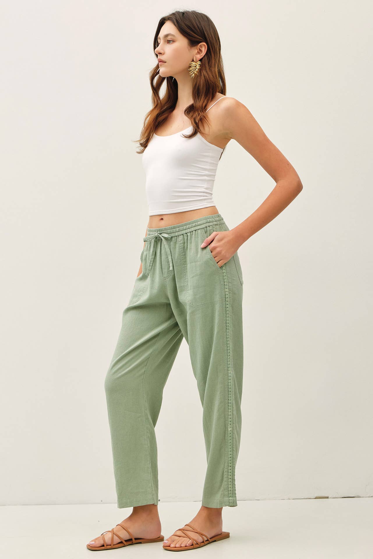 Crochet Lace Trim Tapered Linen Pants