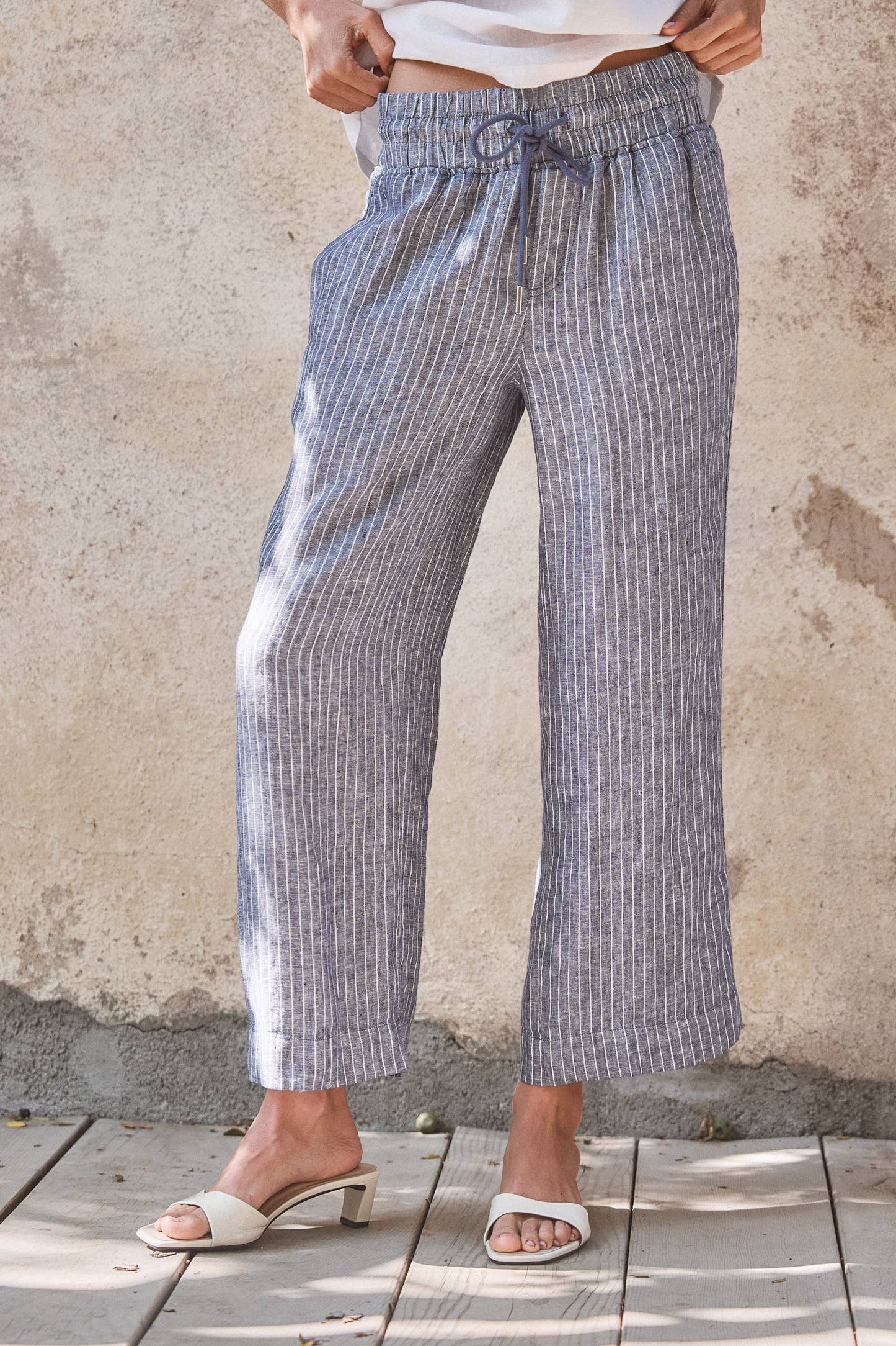 Linen Blend Wide-Leg Drawstring Pants