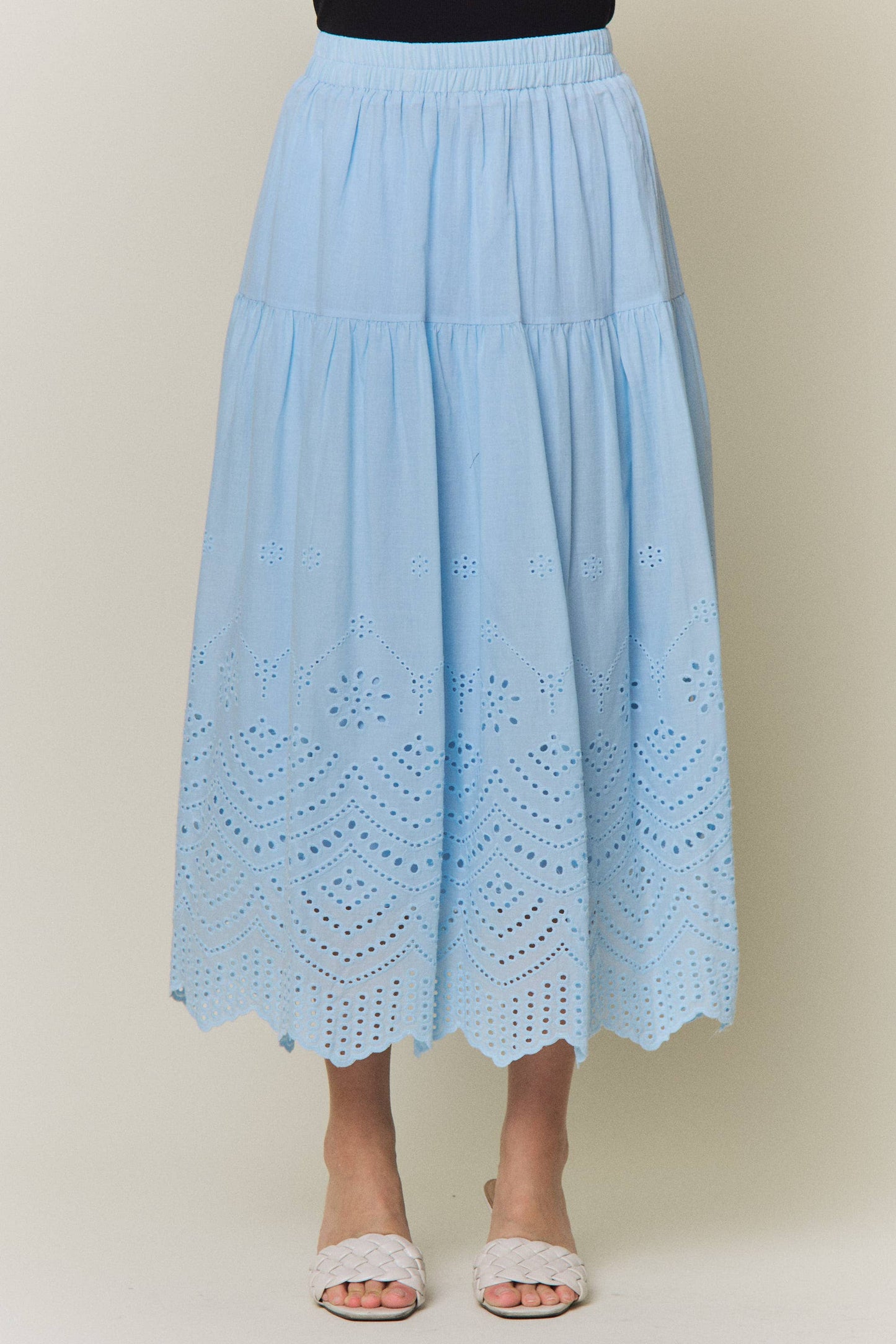 Tiered Eyelet Scalloped Midi Skirt