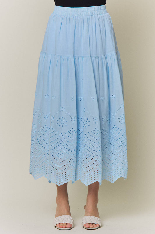 Tiered Eyelet Scalloped Midi Skirt