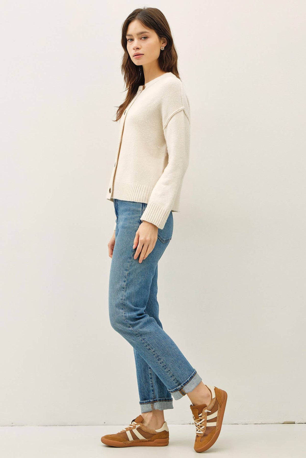 Exposed Seam Crew Neck Button Front Cardigan
