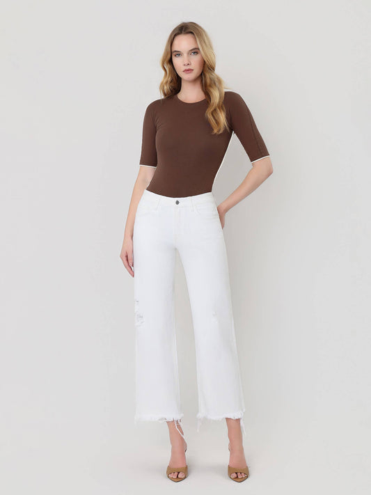 High Rise Raw Hem Crop Wide Jeans