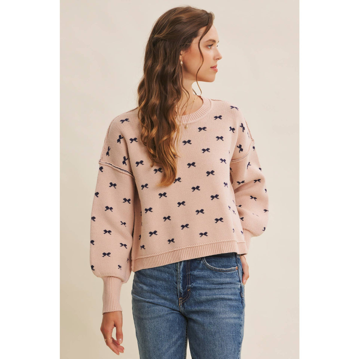 Bow Pattern Balloon Sleeve Sweater