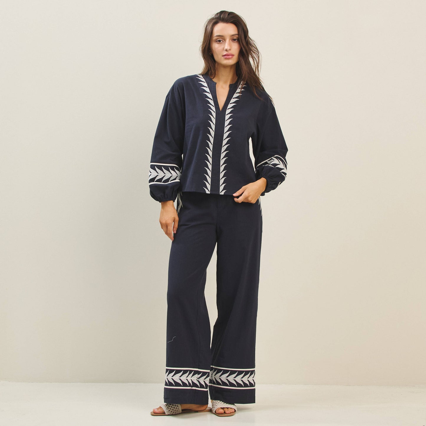 Rental- Embroidered Long Sleeve V-Neck Top