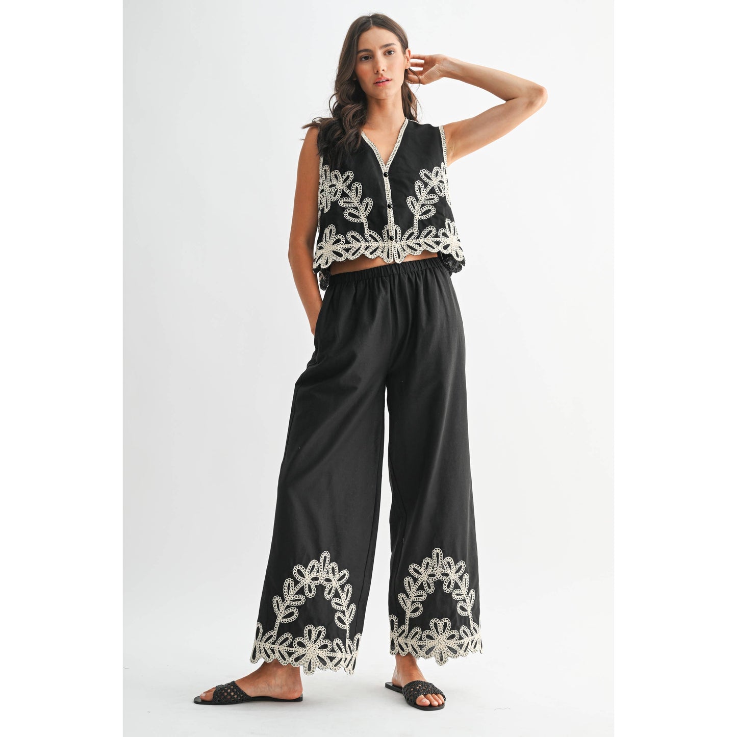 Embroidered Wide Leg Pants
