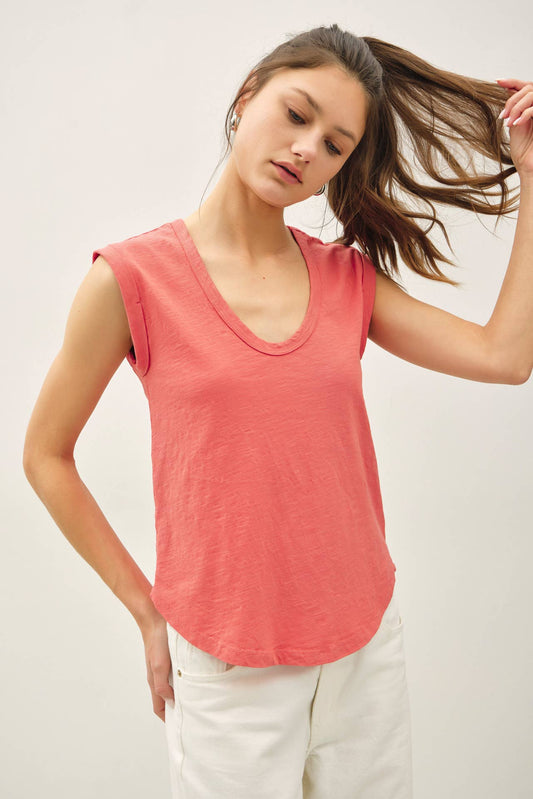 Scoop Neck Folded Sleeve Slub Knit Top