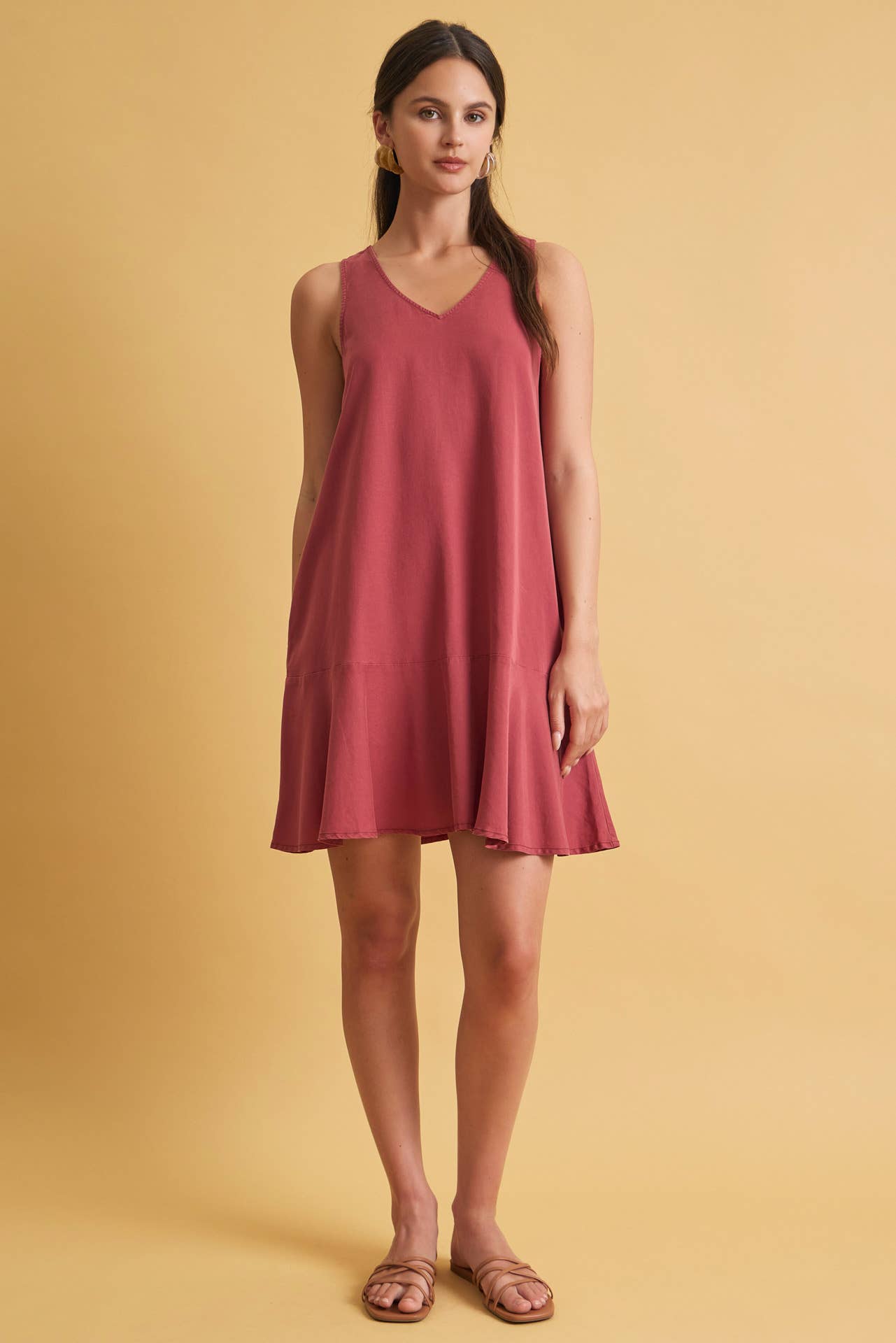 Ruffle Hem Lace Back Tencel Mini Dress