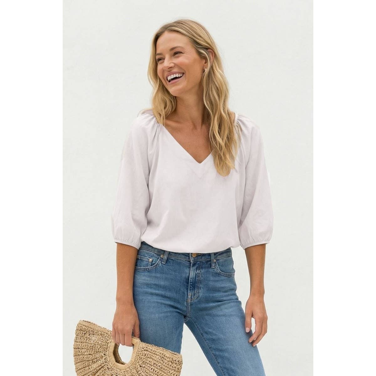 Elastic Puff Sleeve V-neck Top