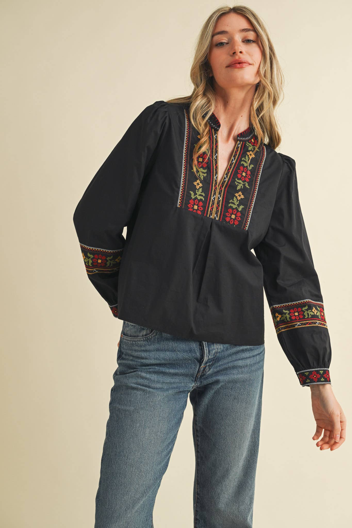 Rental- Cross Stitch Embroidered Puff Sleeve Top