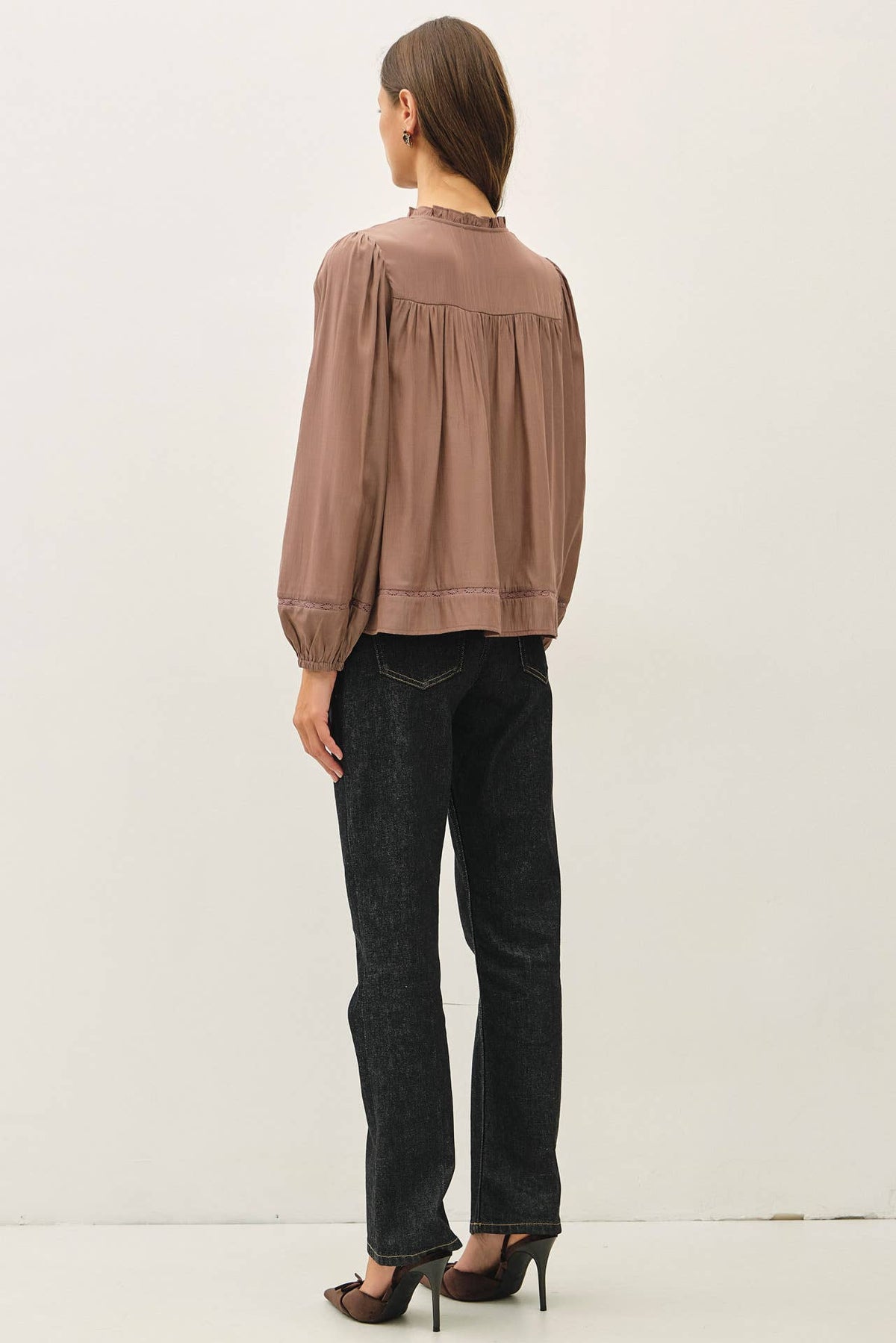 Ruffled V-Neck Silky Peasant Top