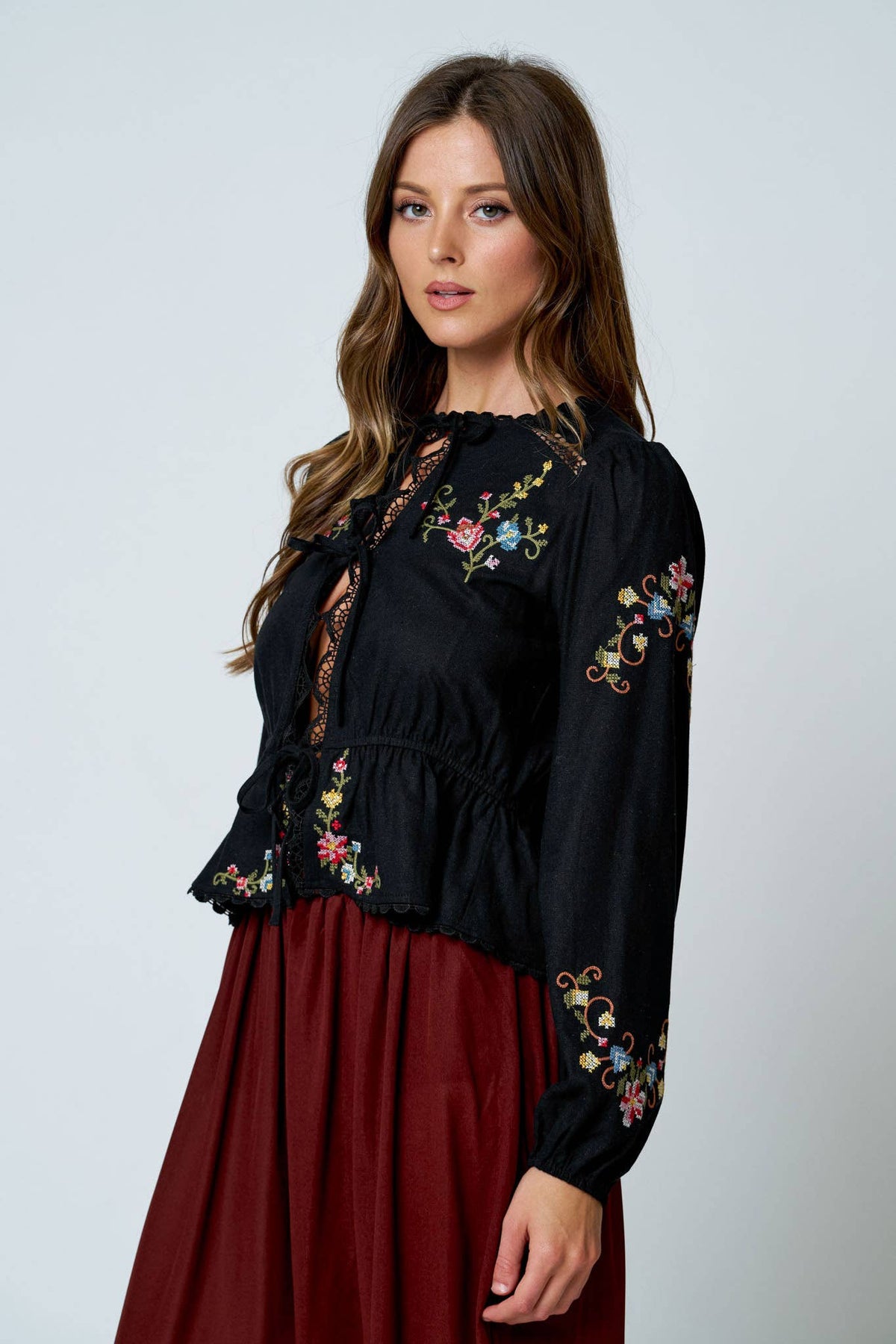 Embroidered Crochet Front Tie Top