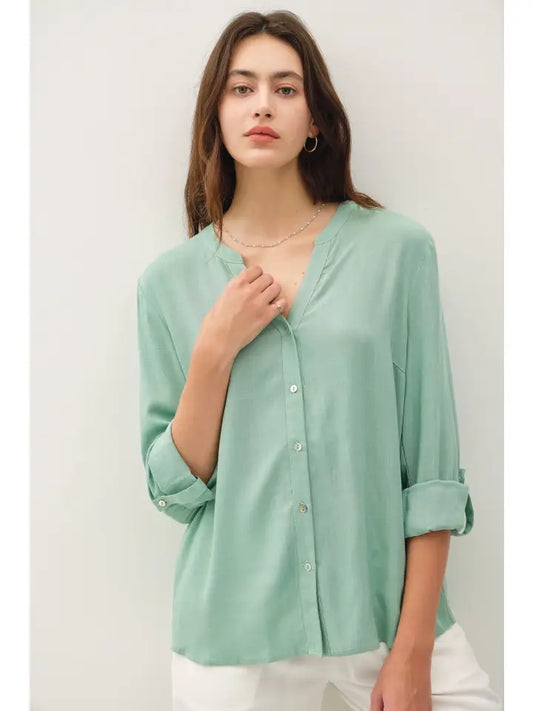 V-Neck Flat Collar Button Down Shirt