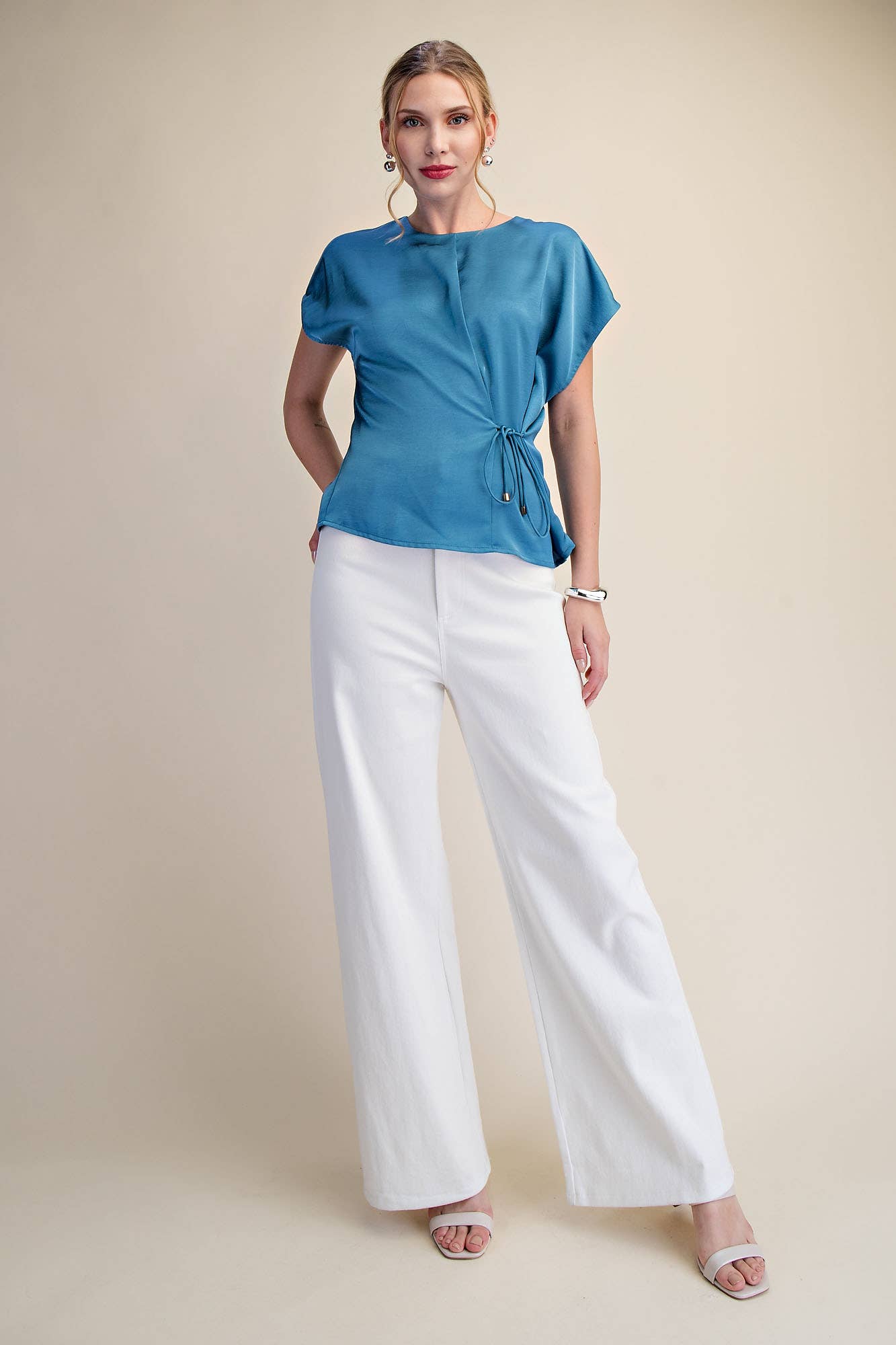Silky Short Sleeve Front Lace-Up Tie Top