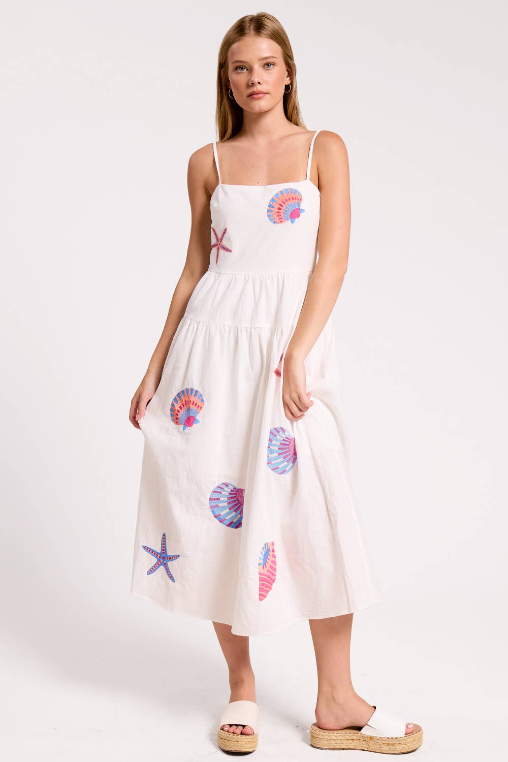 Marine Shell Embroidered Midi Dress