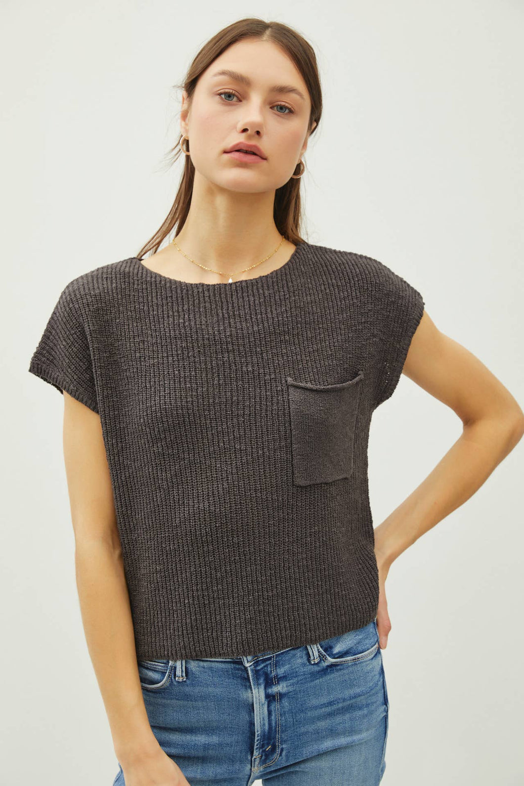 Ribbed Knit Pocket Short Sleeve Top