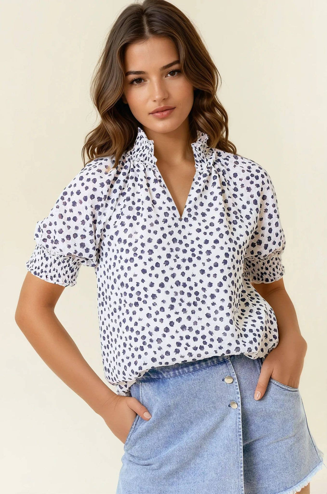 Jacquard Dot Print Short Sleeve Top