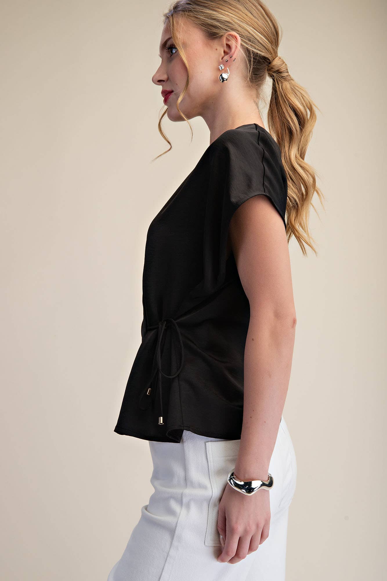 Silky Short Sleeve Front Lace-Up Tie Top