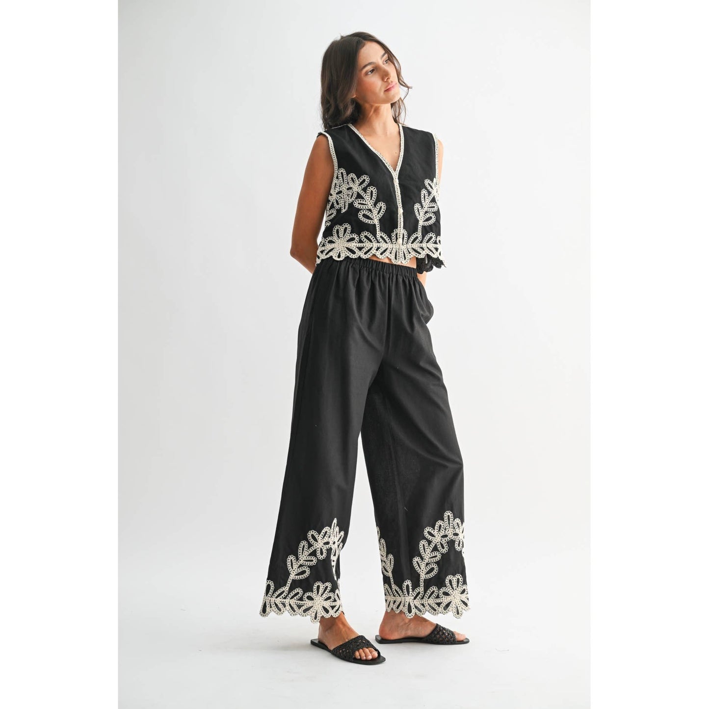 Embroidered Wide Leg Pants