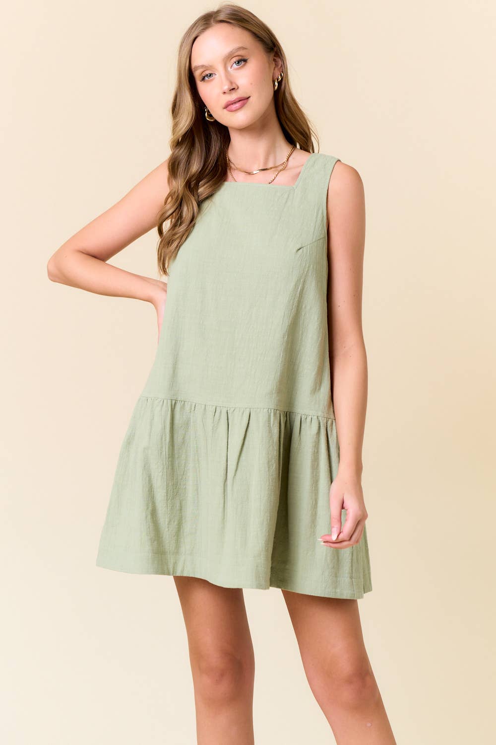 Square Neck Button Back Drop Waist Mini Dress