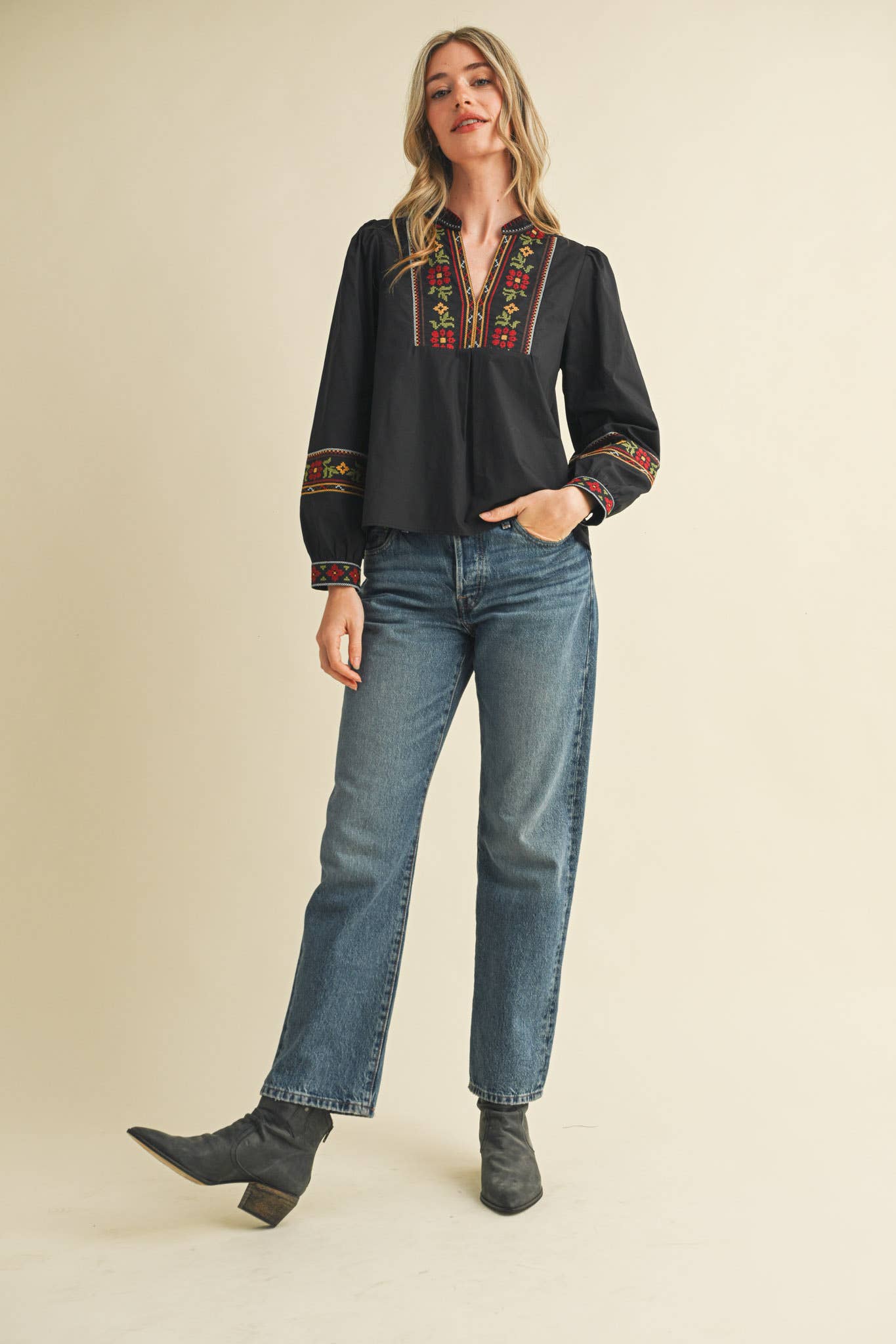 Rental- Cross Stitch Embroidered Puff Sleeve Top