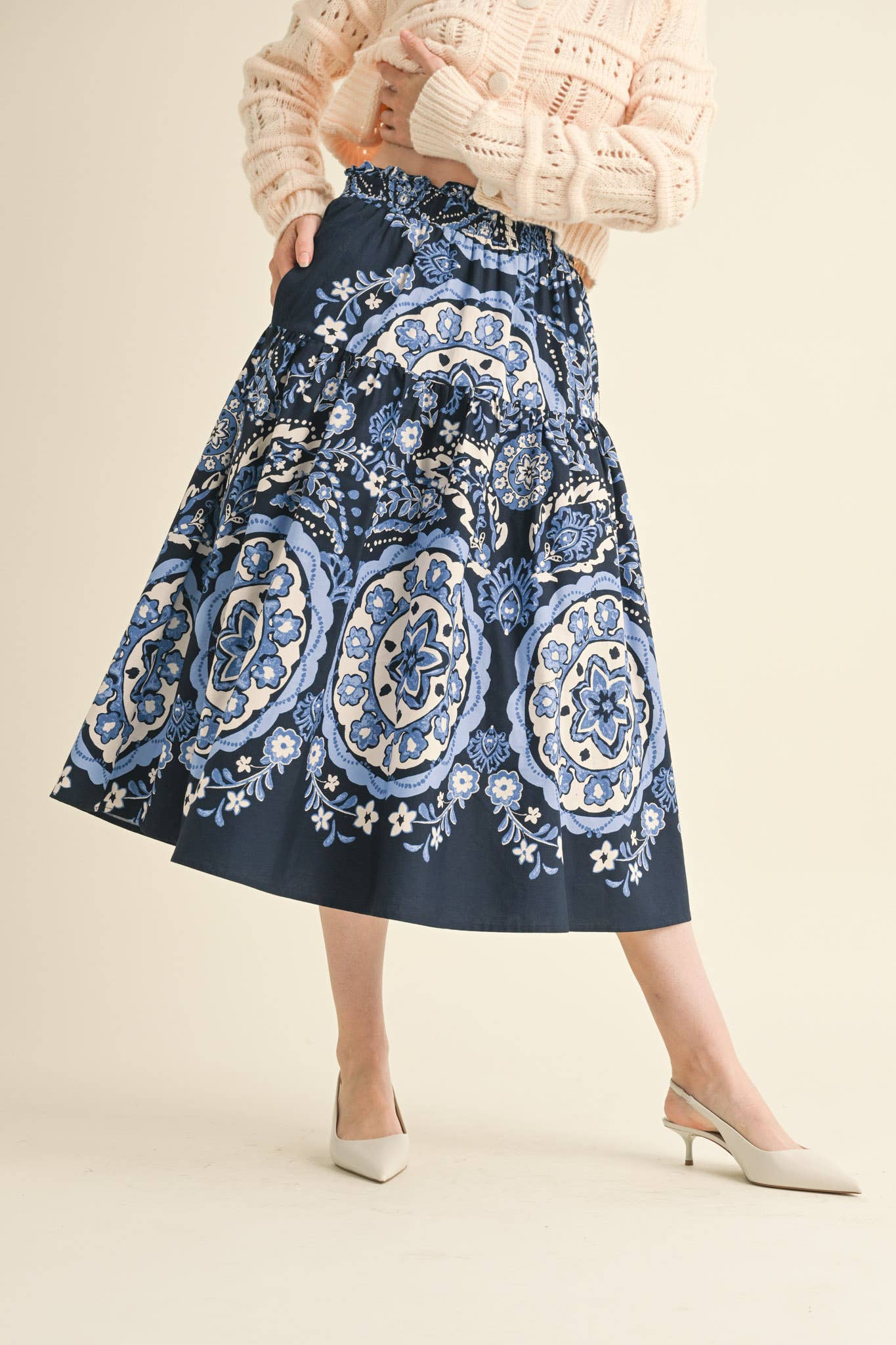 Rental- Smocked Waist High Rise Midi Skirt