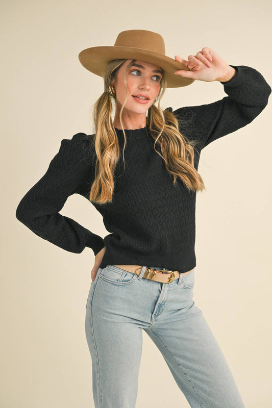 Puff Sleeve Scalloped Neck Pointelle Sweater