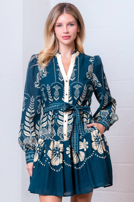 Printed V-Neck Long Sleeve Mini Dress
